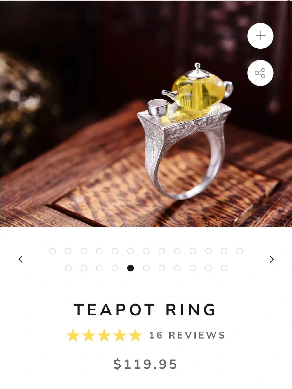 Lotus Fun Artisan 925 Silver Amber Teapot Ring 7.5 & Pendant Set